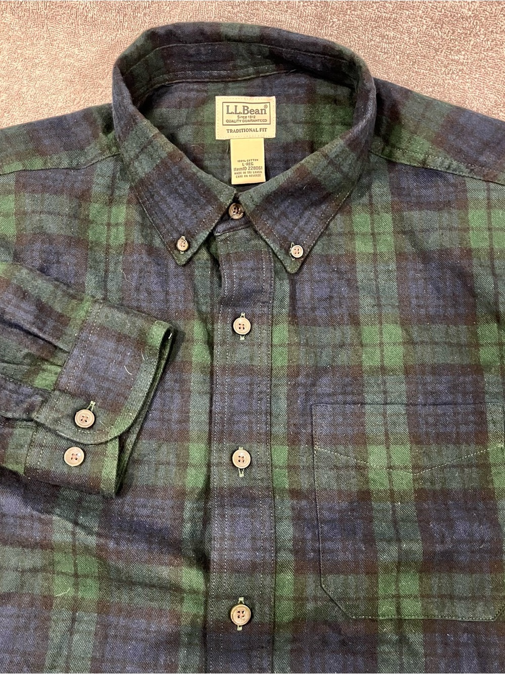 LL Bean Flannel Shirt Mens L Green Black Watch Tartan Plaid Long Sleeve 228061